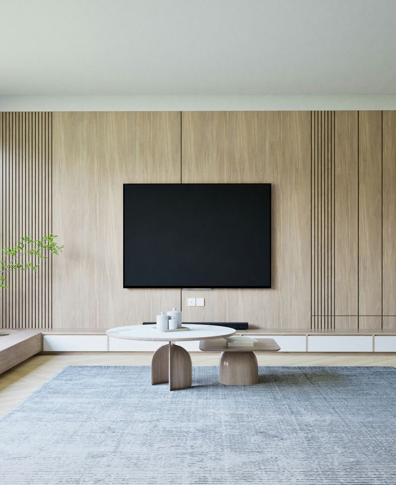 Rack de TV con panelería de madera